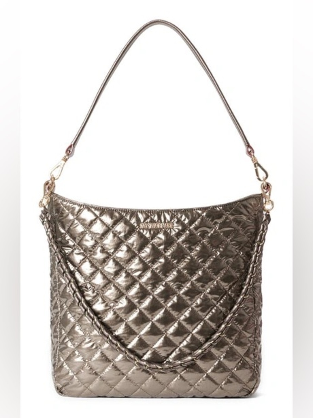 MZ Wallace Crosby Quilted Nylon Hobo Bag In Moondust Metallic Lacquer